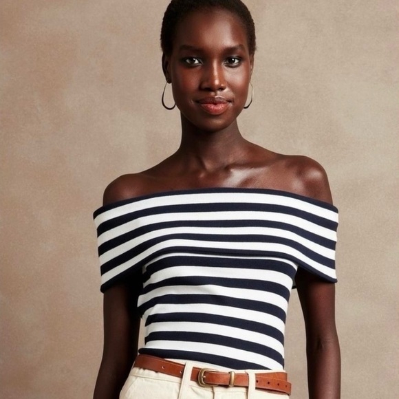 Banana Republic Off-Shoulder Cotton Ribbed Nautical Striped Top Navy White Sz S - Picture 13 of 13